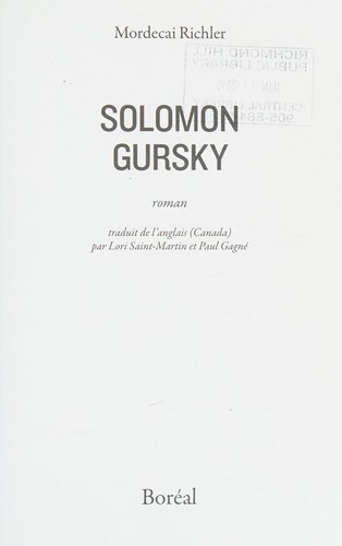 Mordecai Richler: Solomon Gursky (French language, 2015, Boréal)