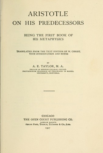 Aristotle on his predecessors (1907, Open Court Publishing Co.)